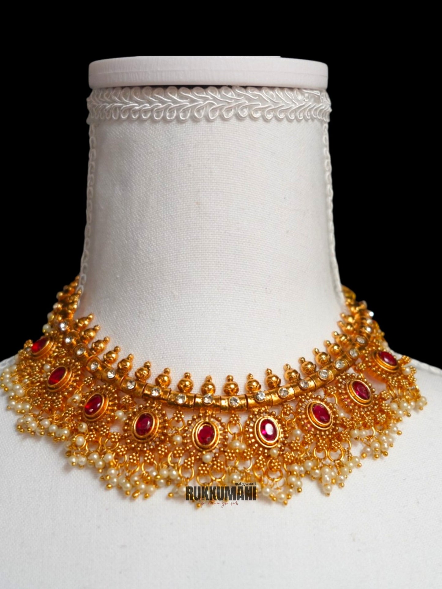 Rani Necklace Set Red | Choker with stone and pearl