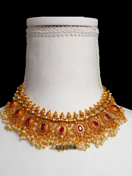 Rani Necklace Set Red | Choker with stone and pearl