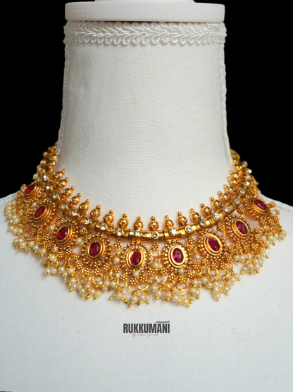 Rani Necklace Set Red | Choker with stone and pearl