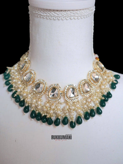 Moonlight Necklace Set Green | Choker with Kundan Beads and Pearls