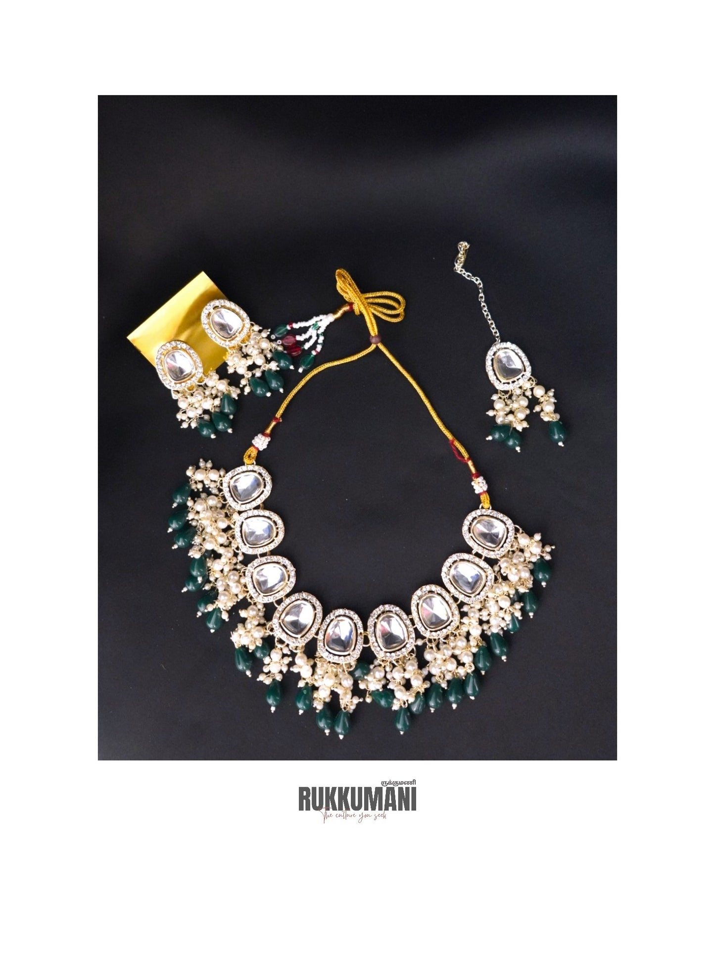 Moonlight Necklace Set Green | Choker with Kundan Beads and Pearls