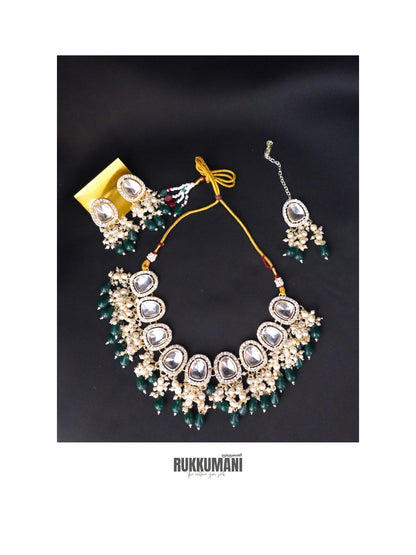 Moonlight Necklace Set Green | Choker with Kundan Beads and Pearls